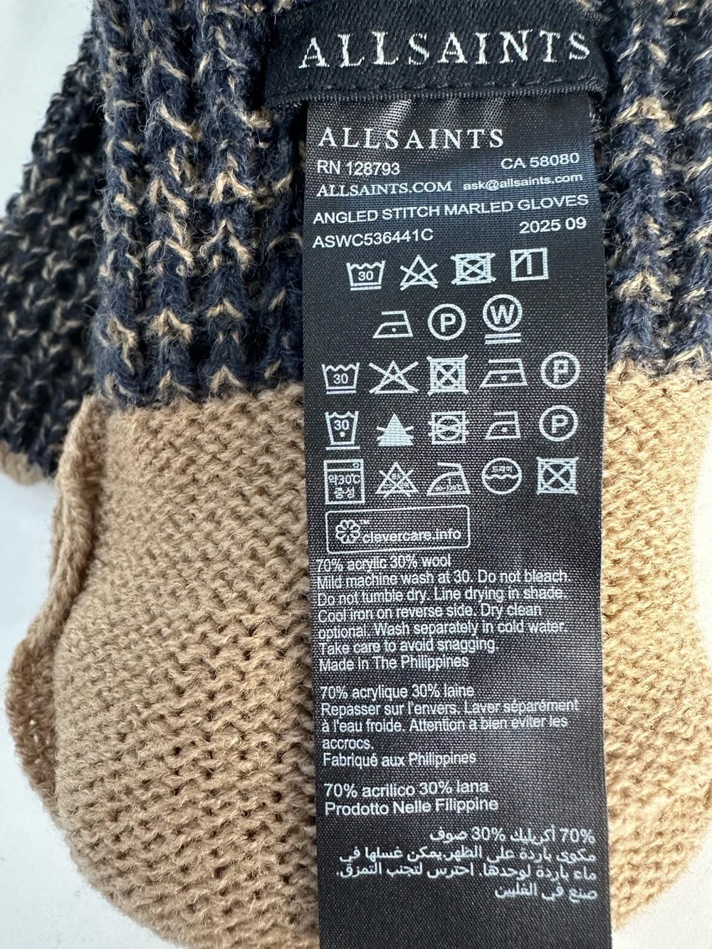 AllSaints Angled Stitch Marled Wool Blend Gloves Navy Tan Multi NWOT
